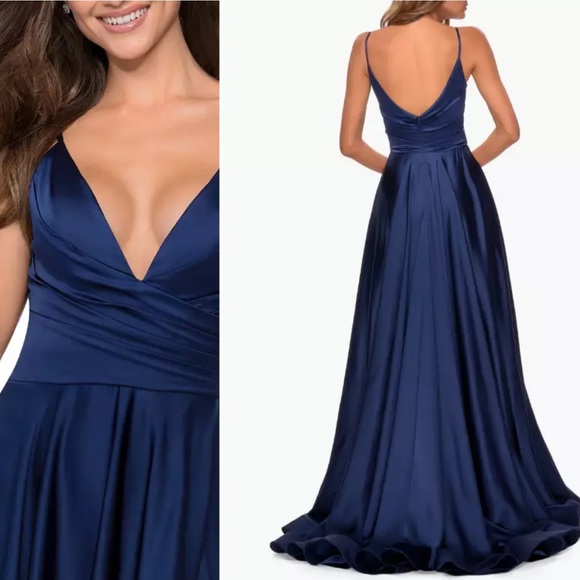 LA FEMME Navy Strappy Back Satin Ballgown Size 12 28607 - Picture 3 of 9